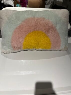 Simons Pastel Blue Pink and Yellow Faux Fur Throw Pillow